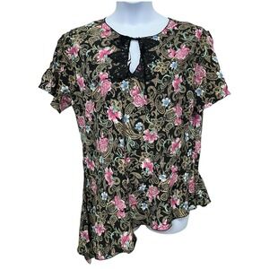 Unique Spectrum Blouse Womens XL Black Floral‎ Paisley Lace Asymmetrical Hem